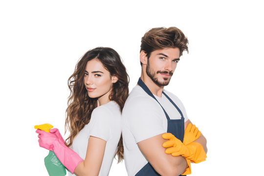 Man and woman cleaning team, ready to work. Professional cleaning service. - Powered by Adobe