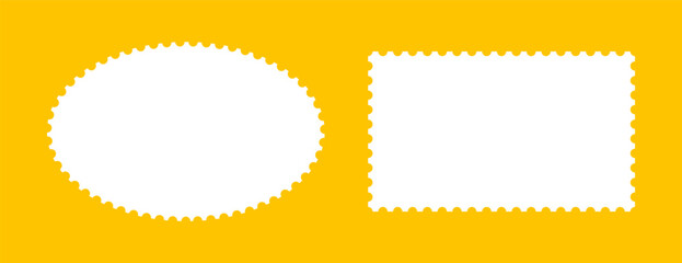 Set of postage stamp frames. White rectangular, oval vintage stamps collection. Empty borders, backdrops for postcards, letters. Tags, labels, coupons, boxes with curvy, wiggly, wavy perforated edges.
