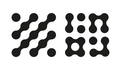 Connected dots signs. Metaball icons. Innovation abstract symbol. Connected blobs. Circles organic black pattern. Point movement. Metaballs transition. Flat logos. 