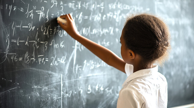 Back view, an African-American schoolgirl is writing on the blackboard with a piece of chalk.  - Powered by Adobe