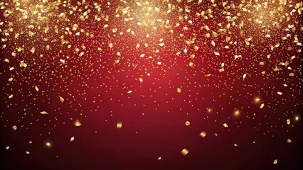 Obraz premium A Festive Celebration Background Featuring a Cascading Shower of Golden Confetti and Glitter on a Rich Maroon Surface