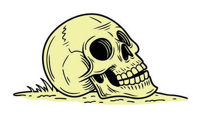 A vintage cartoon style illustration of a pale yellow human skull emerging from sandy ground with a few blades of grass