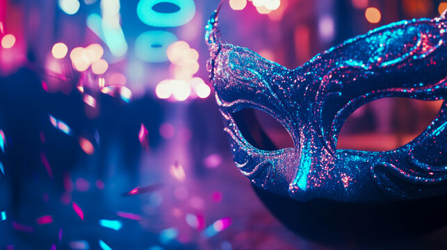 Enigmatic glitter-adorned masquerade mask in vibrant blue and pink tones, set against a backdrop of blurred neon lights and floating confetti, evoking a lively night celebration.