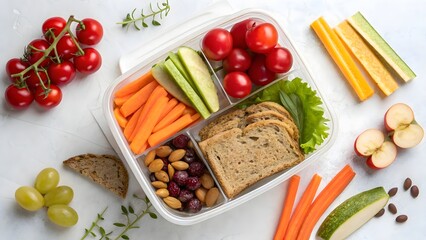 Colorful Healthy Lunchbox with Fresh Vegetables, Fruits, and Whole Grains – Top View on White Background

