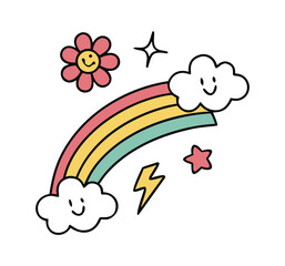 Whimsical hand drawn rainbow with smiling clouds happy flower stars and lightning bolt for childrens designs