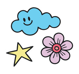 Whimsical hand drawn cartoon illustration featuring a smiling blue cloud a yellow star and a pink flower with a red center on a white background