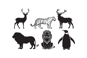 Collection of silhouetted wild animals including deer tiger lion and penguin