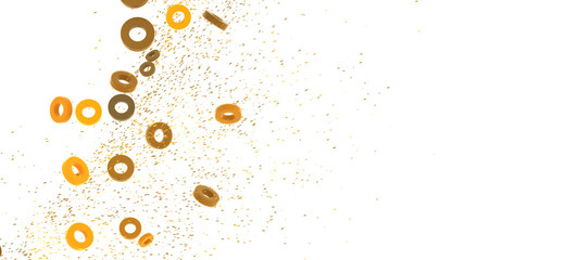 Abstract image of golden rings and sparkles falling on white. Perfect for celebratory backgrounds.