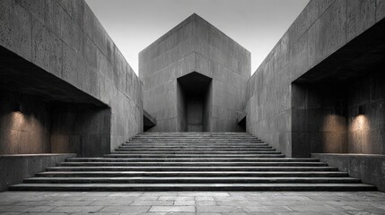 A brutalist architect drawing of a monolithic government building with heavy concrete slabs and stark shadows