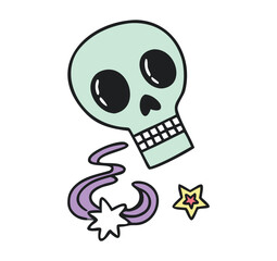 Whimsical light blue cartoon skull with big black eyes and a friendly smile surrounded by magical purple swirls and a small yellow star