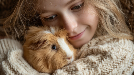 A young girl with blonde hair gently cradling a brown and white guinea pig wrapped in a knit sweater