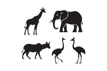 Silhouette collection of african safari animals including elephant giraffe zebra and ostrich