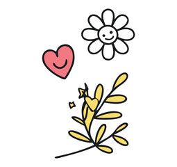 Whimsical hand drawn doodle elements featuring a smiling flower pink heart and yellow leafy branch on a white background