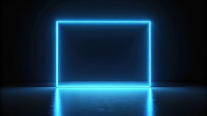 Bright azure rectangular neon light frame in dark room with reflective floor