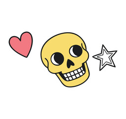 Whimsical yellow skull with big eyes a pink heart and a star in a playful cartoonish doodle art style