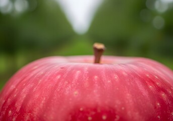 Close-up of a fresh red apple with a stem against a blurred green background.