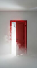 Red door in a white room, slightly ajar with thick fog pouring through, creepy feeling