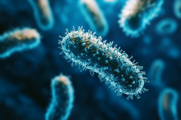 Fototapeta premium A detailed microscopic view of blue bacteria, featuring their rod-like shapes and textured surfaces, suspended in a dark blue fluid.