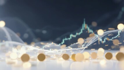 Cryptocurrency market graph with glowing coins, illustrating price fluctuations and digital currency trends.