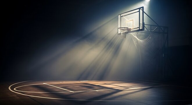 Basketball hoop bathed in light on an empty court, basketball goal and arena illuminated by a powerful spotlight beam