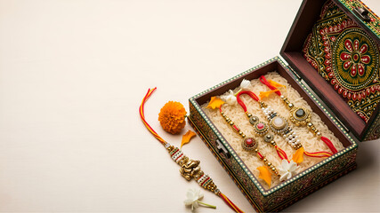 Hand-painted box with intricate rakhis, rice, and flowers on cream wooden tabletop for Raksha Bandhan festival with copy space