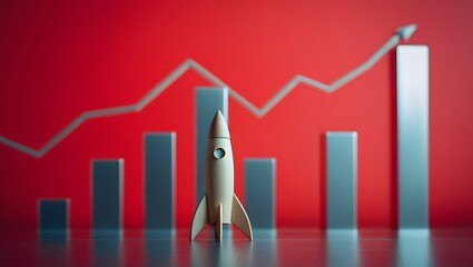 Business Growth Concept with Rocket and Graph on Red Background