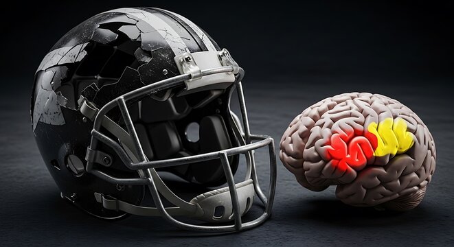 The Impact of Football: A Cracked Helmet Beside a Brain with Highlighted Areas, Football and Brain Trauma: Visualizing the Risks of Head Injuries in Sports