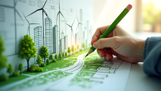 Sustainable Architecture Concept with Green Urban Planning and Hand Sketch

