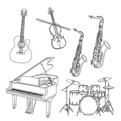 Line Art of Musical Instruments: Acoustic Guitar, Violin, Saxophone, Piano, and Drum Set
