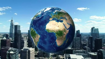 Global city skyline, Earth globe hovering, sunny day - Powered by Adobe