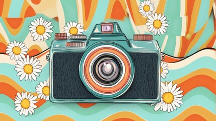 Obraz premium Retro camera design with daisies and vibrant colors.