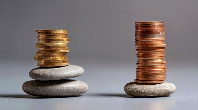 Stacks of coins balanced on opposite sides represent import and export values, symbolizing global trade and economic equilibrium.
