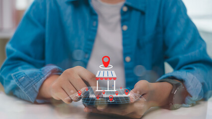 Person holding smartphone with 3D map and location pins, highlighting local store search,...