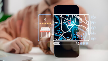 Hand holding smartphone with virtual map and location pin, showing smart local business search,...