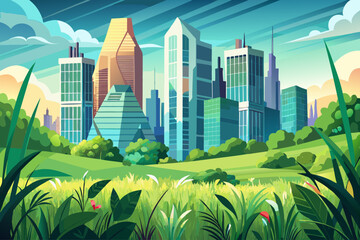 vectot of Skyscrapers can be seen from a distance from green nature and grass. The country of Canada. Canada, a beautiful view from afar...