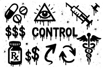 Big Pharma concept with pills, syringes, and symbols in spray paint stencil style, Transparent Background © SenorPinky