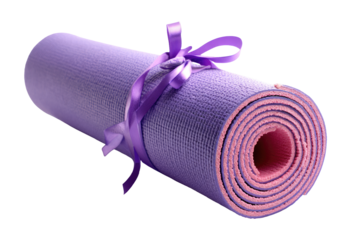 Rolled-up lavender exercise mat, tied with a purple ribbon