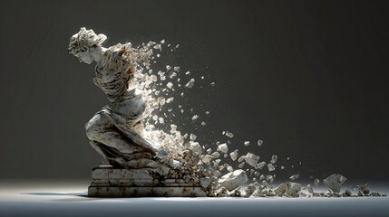 Stone fragments swirl through the air as a broken statue reconstructs itself into a dancer, blending decay with rebirth and fluidity.
