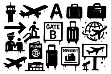 Air travel and airport icons in spray paint stencil style, Transparent Background