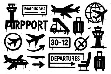 Air travel and airport icons in spray paint stencil style, Transparent Background