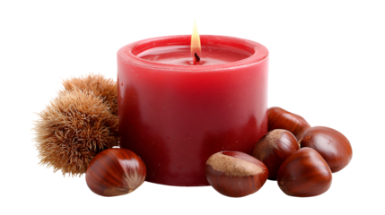 Red candle burning bright chestnuts around it autumn ambiance