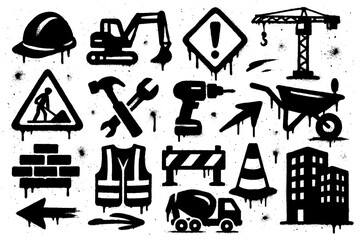 Construction tools and safety icons in spray paint stencil style, Transparent Background