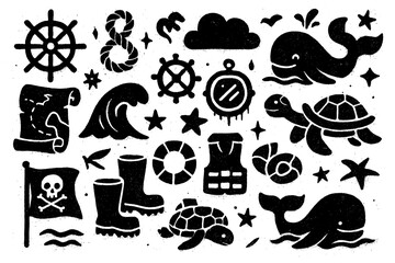 Nautical icons including ships, lighthouse, compass in graffiti stencil style, Transparent Background