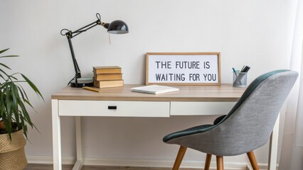 Modern Workspace with Inspirational Quote and Cozy Decor Elements