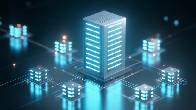 Cyber Hub: A digital server, illuminated with a futuristic design, interconnects data streams across a network of linked servers.