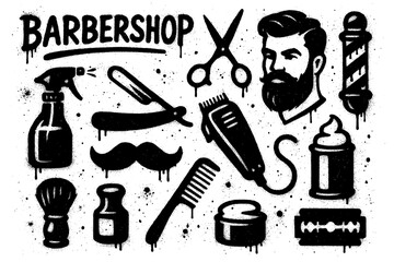 Barbershop tools and grooming elements in stencil graffiti style, Transparent Background
