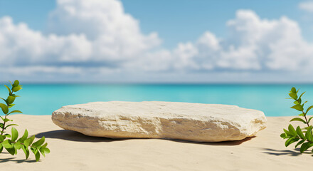Showcase your summer product on this idyllic beach rock display; perfect for cosmetics, skincare, or tropical-themed brands, creating a serene and inviting atmosphere for your audience.