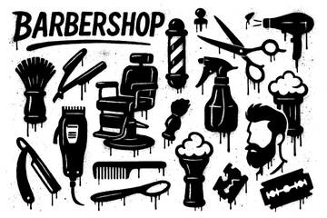 Barbershop tools and grooming elements in stencil graffiti style, Transparent Background