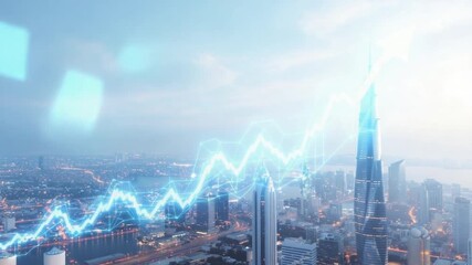 A glowing blue financial graph trends upward over a modern city skyline, symbolizing economic growth. - Powered by Adobe