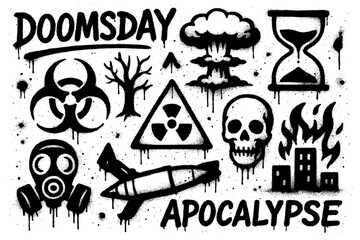 Doomsday icons with skulls, explosions, and grim reaper in spray paint style, Transparent Background